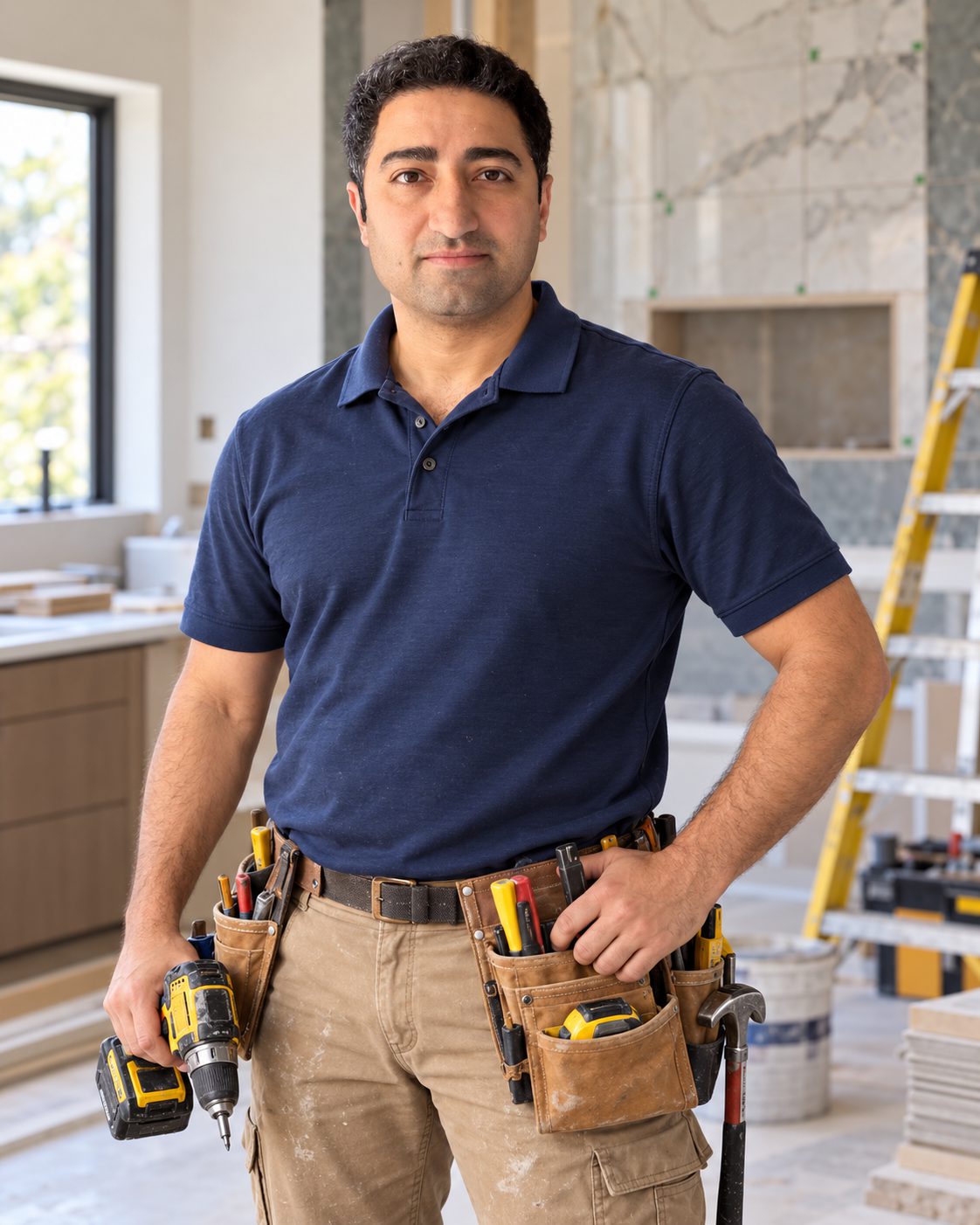 Kadir Ayyıldız, master craftsman, on a renovation site with a drill in hand and a tool belt