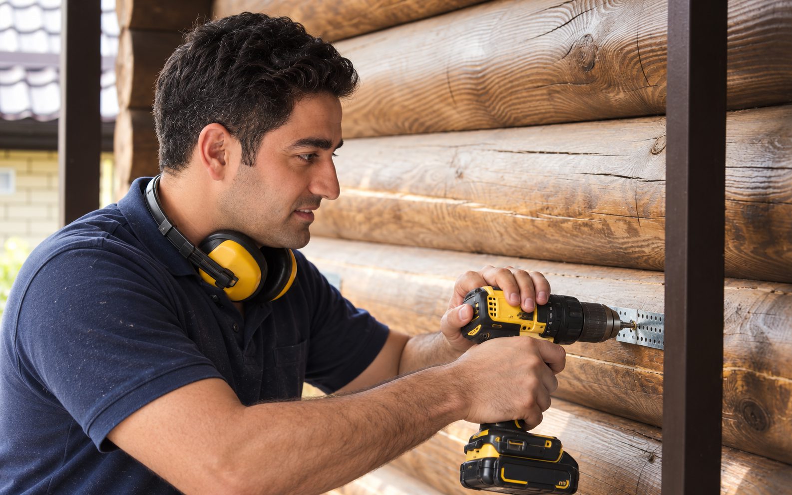Craftsman with ear defenders around his neck fastening a metal plate to a log wall with a cordless drill